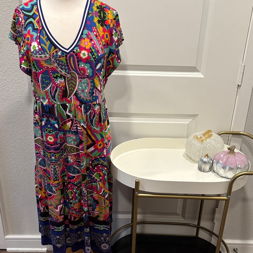 EUC Johnny Was Vibrant Multicolor Midi Dress